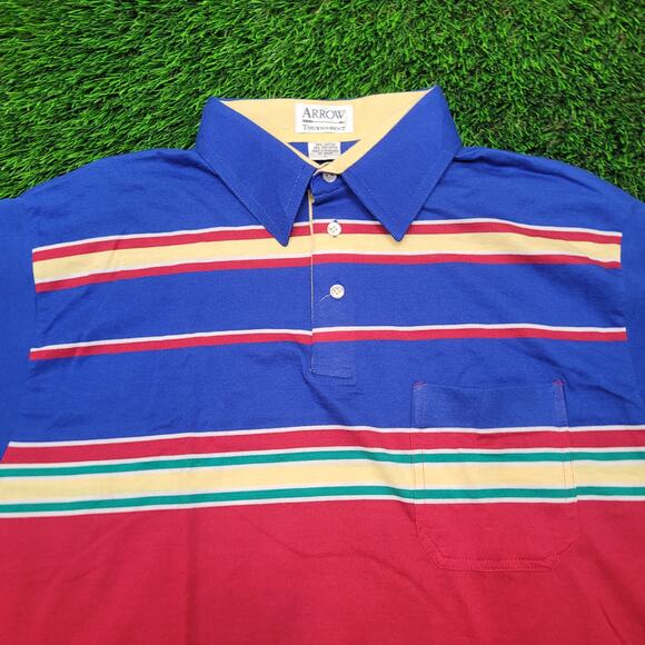 VTG 70s Arrow Tournament Color Block Striped Polo Shirt Mens Large - Picture 2 of 5